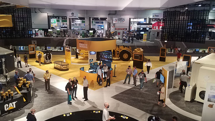 Caterpillar had a massive presence in the Las Vegas Convention Center's Central Hall, exhibiting mining equipment in drilling, hauling and more. Photo: P&Q Staff