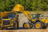 Designed to be a three-pass match for loading aggregate and other processed materials onto highway trucks, the Komatsu WA480-8 yard loader has more than 1,400 pounds of added counterweight for increased bucket capacity and stability. Photo: Komatsu