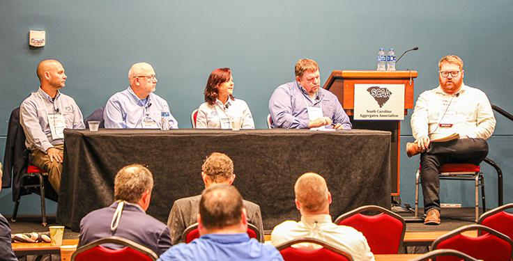 From left: Industrial Supply Solutions’ Jeromy Davis, Xylem’s Ken Albaugh, K&R Group’s Vikki Bartlett and Caterpillar’s Joey Pickett took part in a panel on technology in the aggregate industry at the South Carolina Aggregates Association’s Workshop & Exhibition. The panel was moderated by P&Q managing editor Jack Kopanski (far right). Photo: Allen Knight, Four Twenty One Media