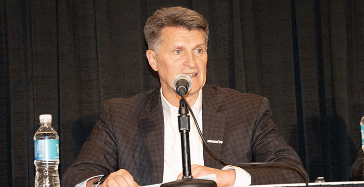 Komatsu North America’s Rod Schrader, who serves the Association of Equipment Manufacturers (AEM) as board chair, reflected on issues equipment manufacturers are facing during a ConExpo-Con/Agg press conference. Photo: P&Q Staff